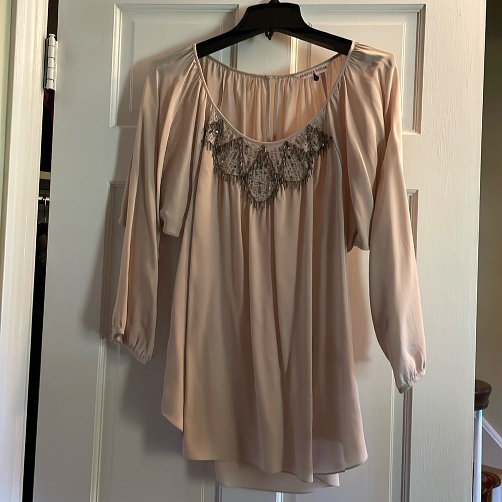 Rebeca Taylor long sleeve 100% silk blouse with beading on front neckline